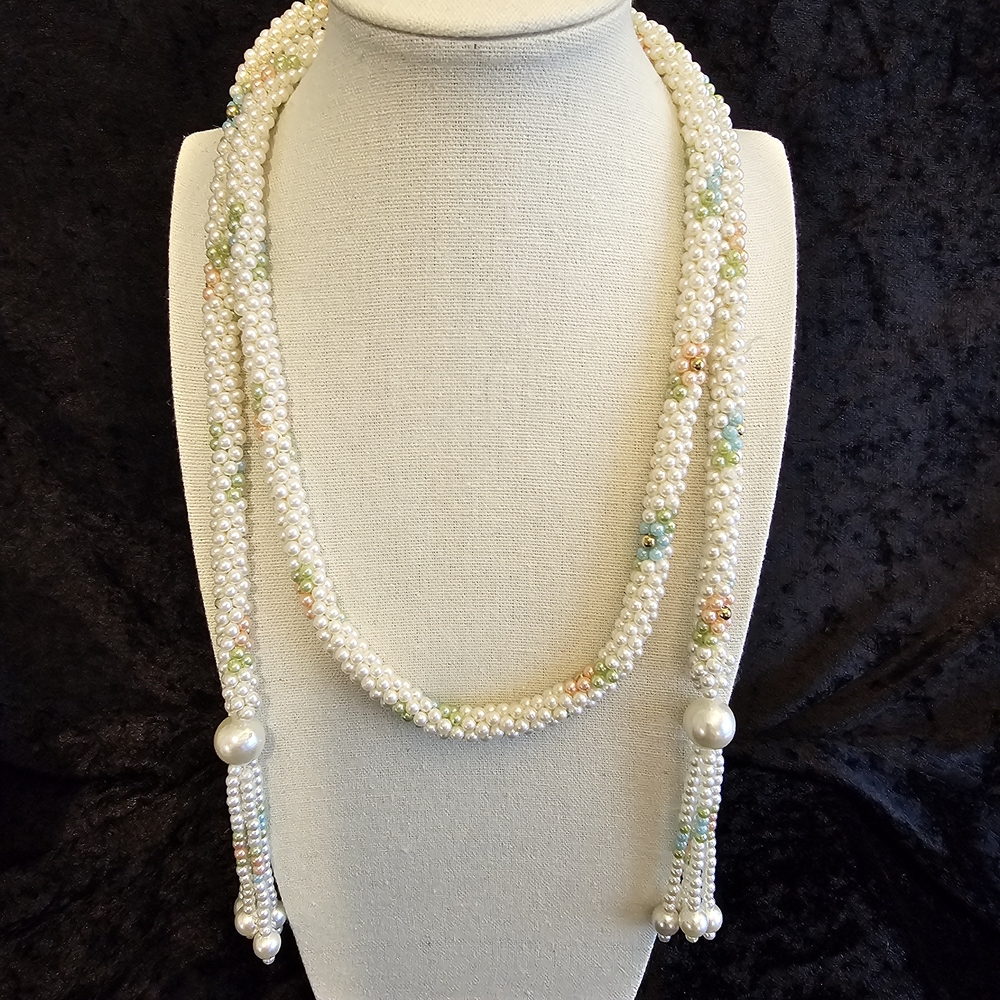 Vintage Crocheted Seed Faux Pearl & Multi-Colored Bead Rope Lariat Necklace